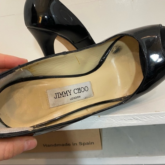 Jimmy Choo Patent Leather Black Peep Toe Pumps High Heels 4" Size 36.5 - Picture 5 of 6